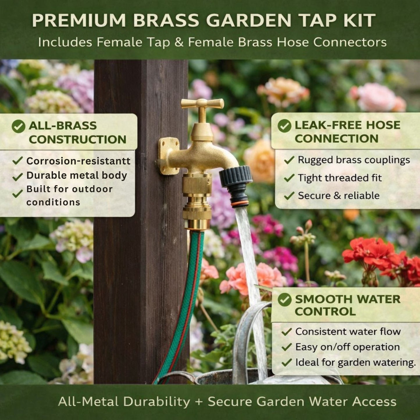 Brass Garden Tap Kit – 3/4" BSP Outdoor Bib Tap with Female Tap Connector & Solid Brass Hose Connector, Heavy-Duty Quick Connect for Garden & Irrigation Rooster/Classic Handle