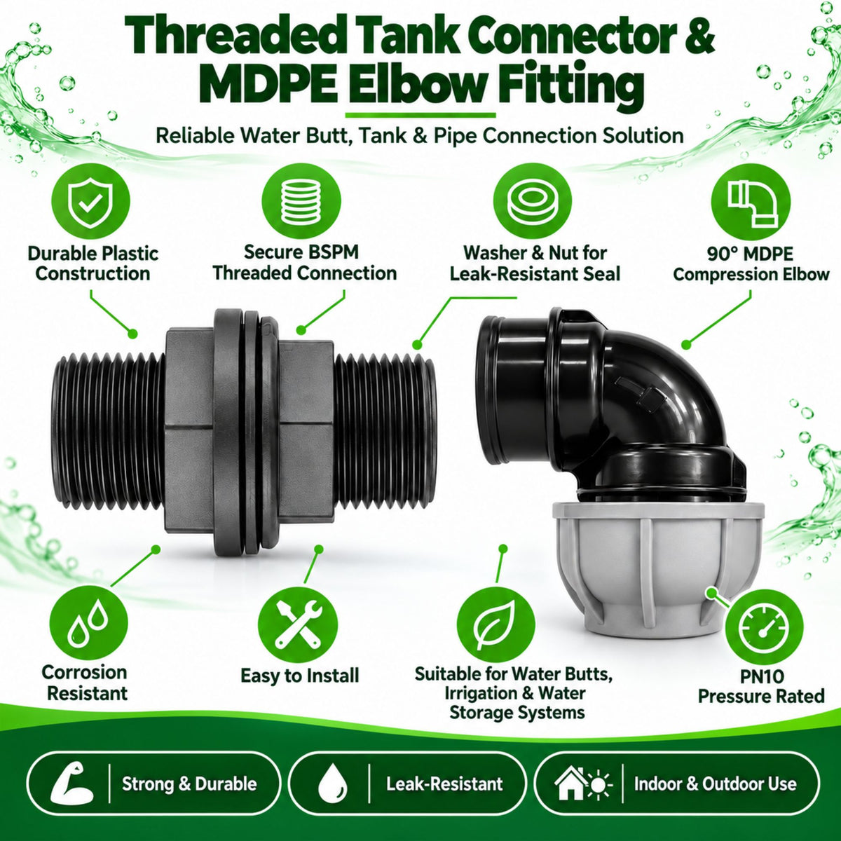 Water Butt Tank Connector MDPE Elbow to 3/4in BSP Pipe Fitting with Nut & Washer