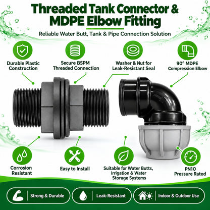 Water Butt Tank Connector MDPE Elbow to 3/4in BSP Pipe Fitting with Nut & Washer