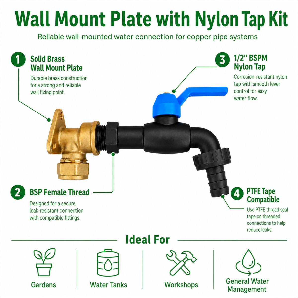 Brass 15mm Wall Flange Kit for Copper Pipe with Garden Tap Options, 1/2" BSP Connection & PTFE Tape – Outdoor Water Tap Fitting Set