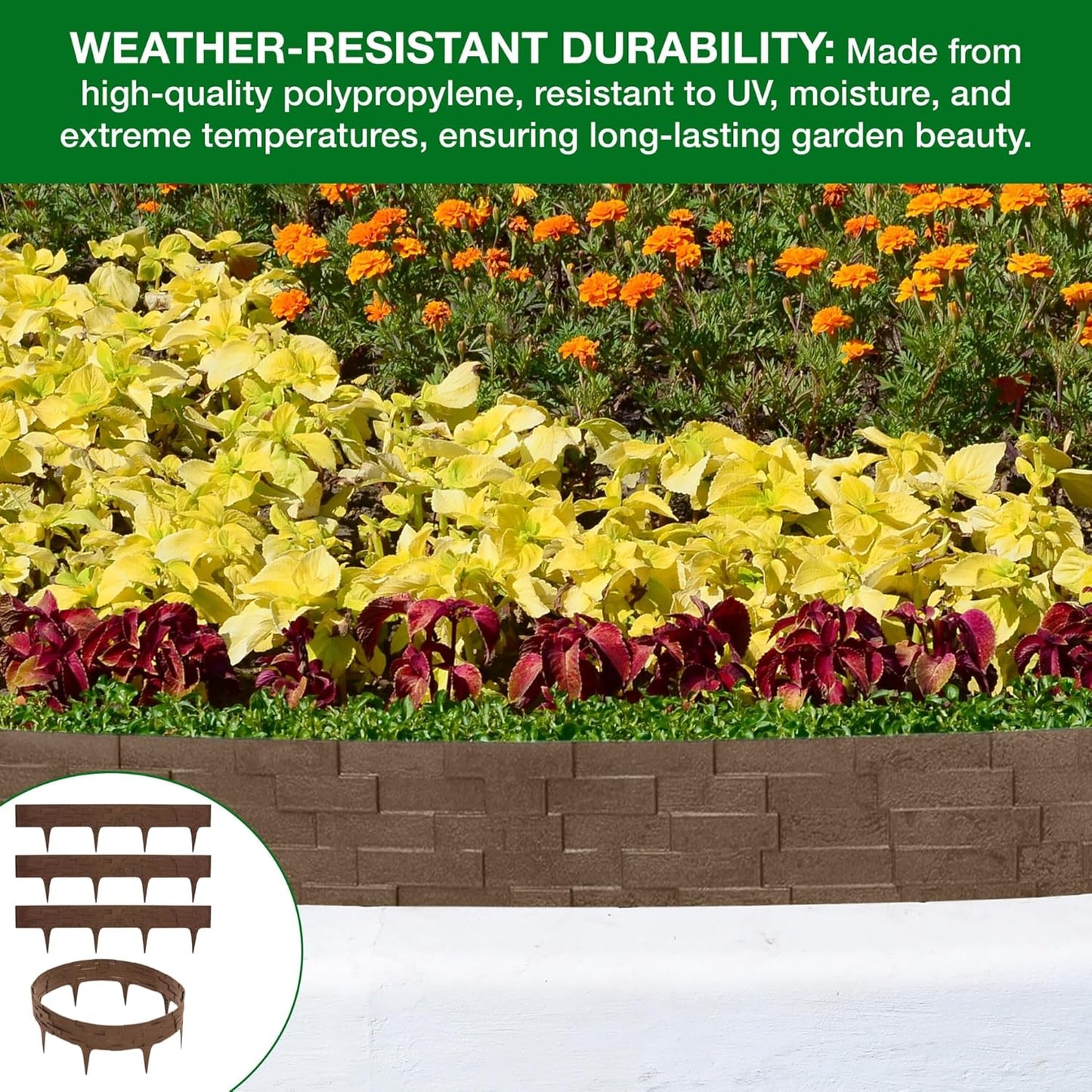 Black, Brown, Gray Stone Effect Lawn Edging 2.3m - Flexible Plastic Garden Border for Flower Beds & Paths | Weather-Resistant & Recyclable Palisade | Easy Install Edging for Grass, Gravel & Landscape