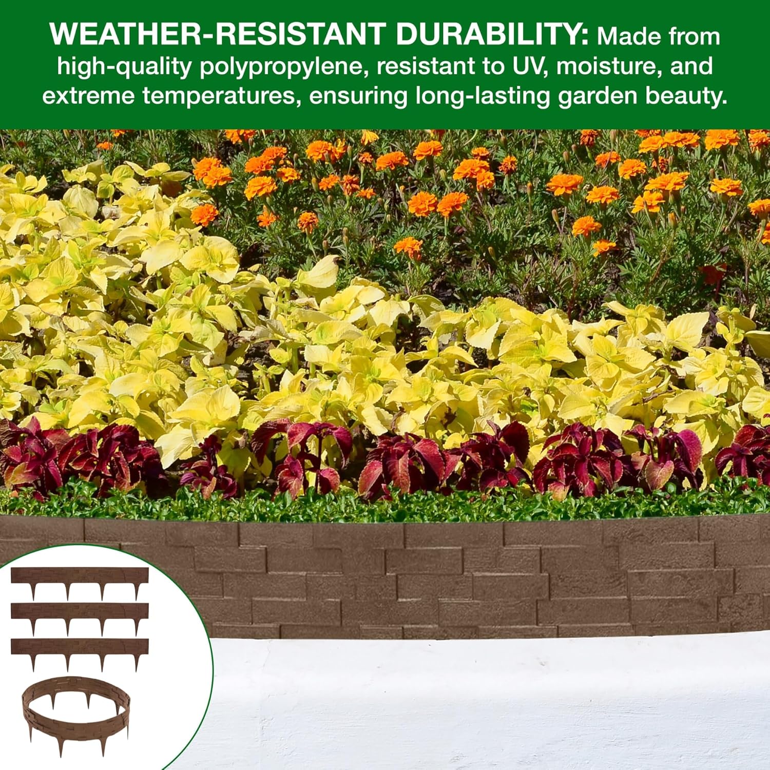 Black, Brown, Gray Stone Effect Lawn Edging 2.3m - Flexible Plastic Garden Border for Flower Beds & Paths | Weather-Resistant & Recyclable Palisade | Easy Install Edging for Grass, Gravel & Landscape