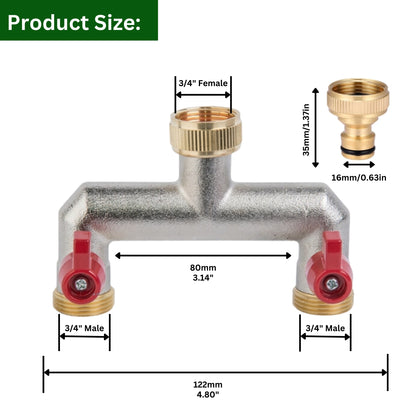 Brass 2-Way Garden Hose Tap Splitter with 2 Faucet Adapters & PTFE Tape