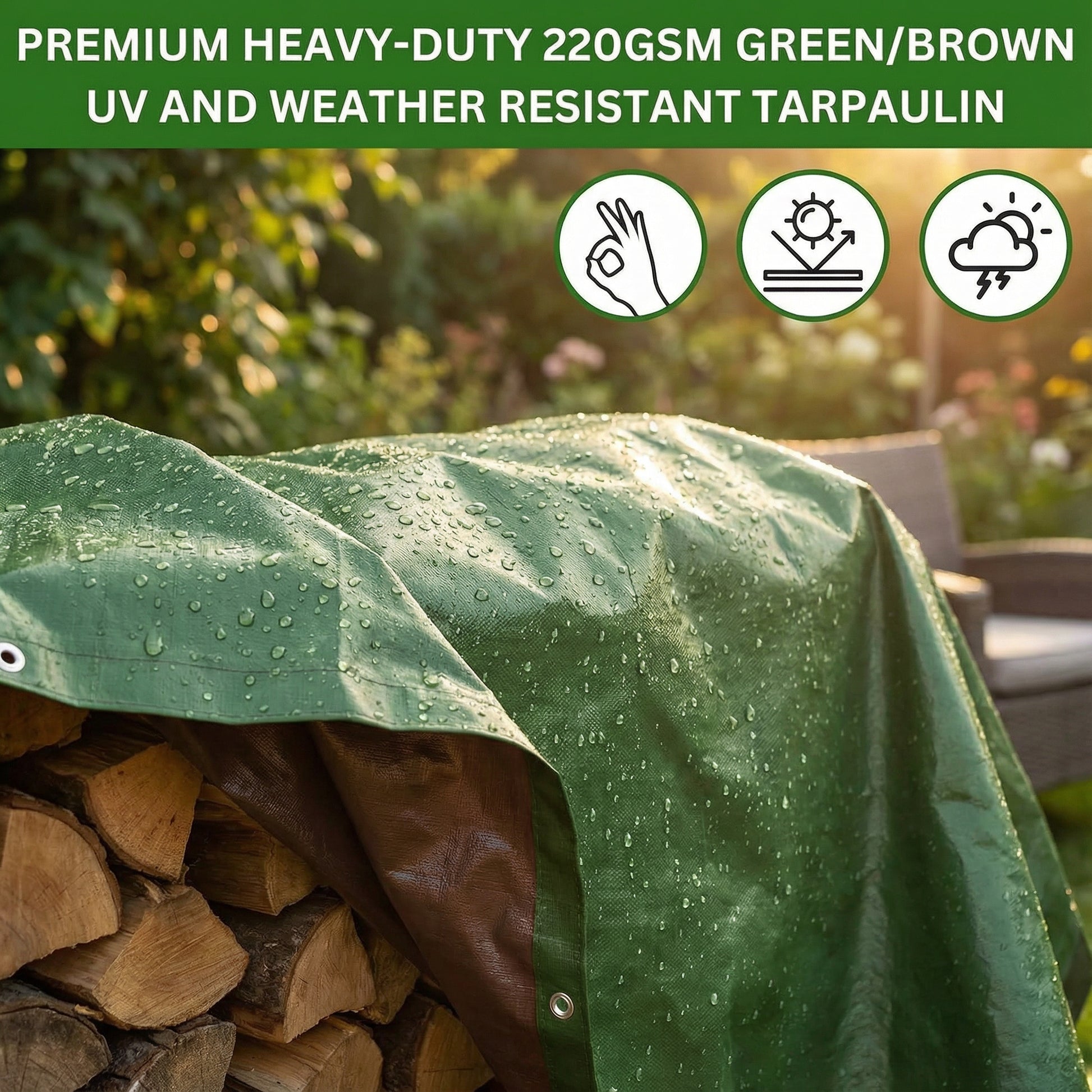 MYPURECORE Heavy Duty Waterproof Tarpaulin 220GSM Green/Brown Tarp with 10 Bungee Balls - Durable Weatherproof Tarp Sheet for Camping, Garden, Trailer, Tent & Outdoor Protection