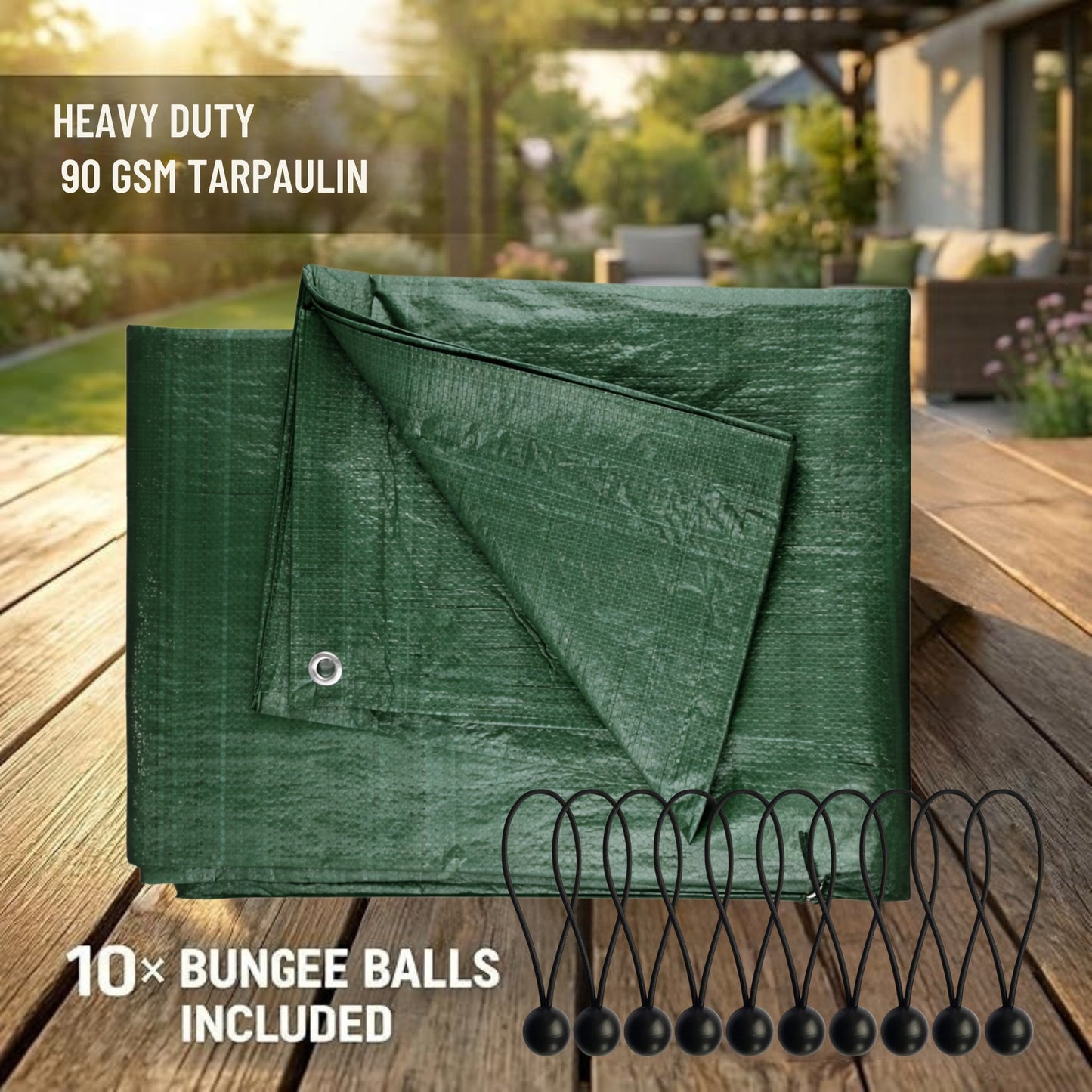 Green Tarpaulin 90GSM Heavy Duty, Waterproof Cover + 10 Bungee Balls - Durable Sheet for Garden, Trailer, Caravan, Camping, Home, Outdoor