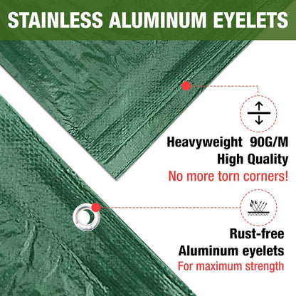 Green Tarpaulin Sheet 50GSM Lightweight Tarp + 10 Bungee Balls Garden Camping