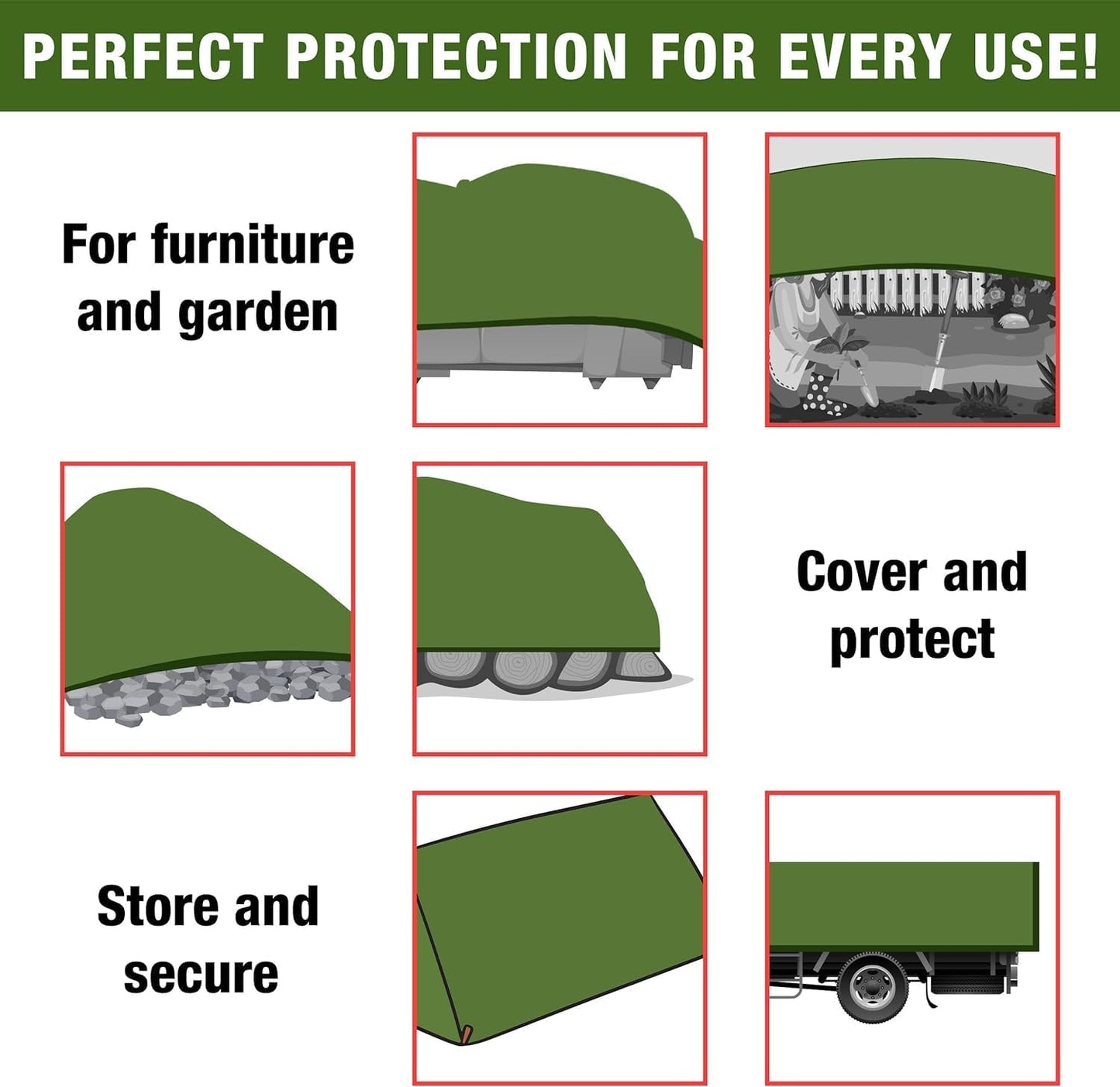 Green Tarpaulin Sheet 50GSM Lightweight Tarp + 10 Bungee Balls Garden Camping