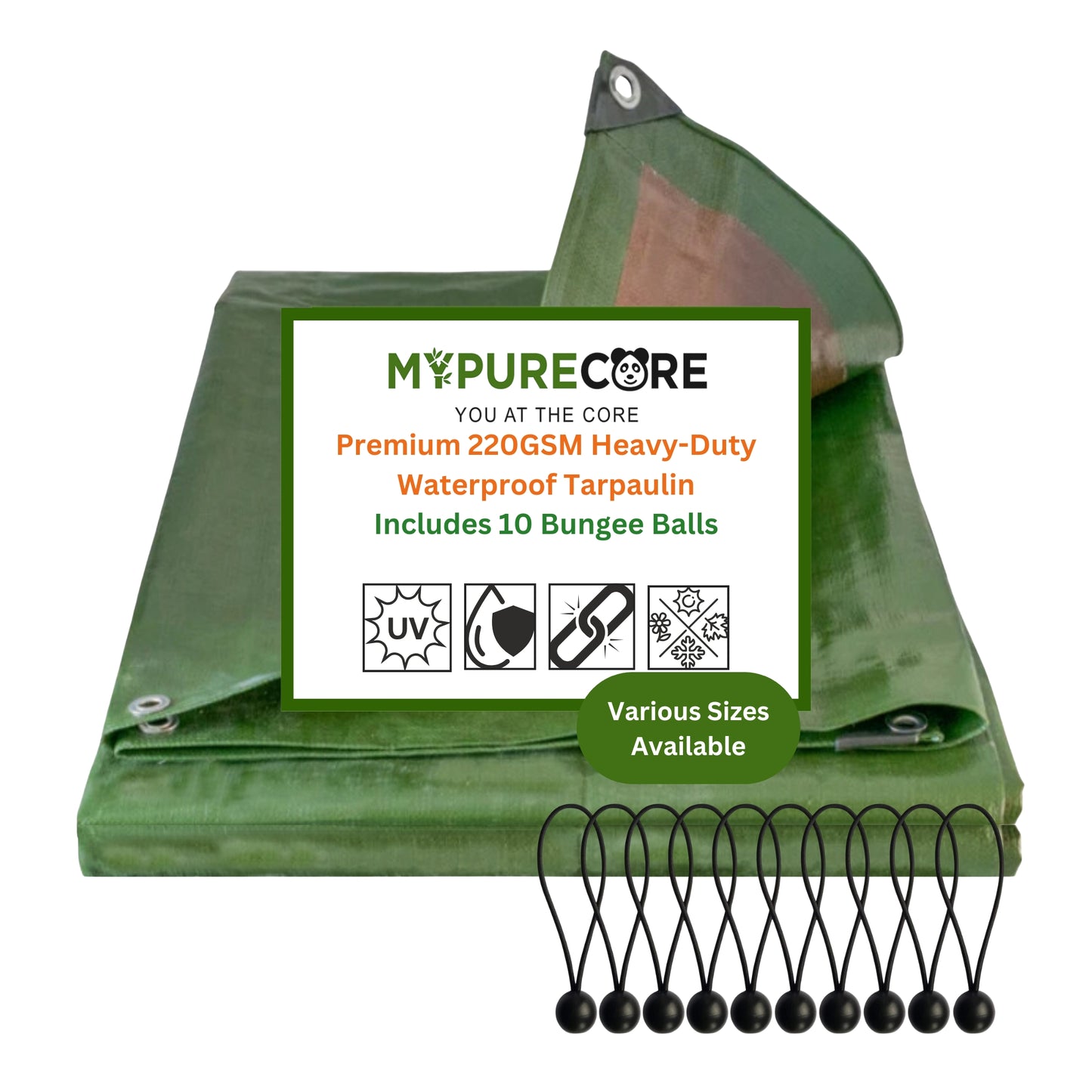 MYPURECORE Heavy Duty Waterproof Tarpaulin 220GSM Green/Brown Tarp with 10 Bungee Balls - Durable Weatherproof Tarp Sheet for Camping, Garden, Trailer, Tent & Outdoor Protection