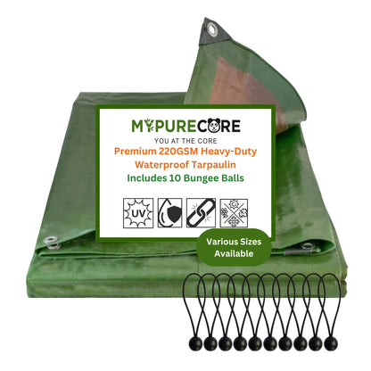 MYPURECORE Heavy Duty Waterproof Tarpaulin 220GSM Green/Brown Tarp with 10 Bungee Balls - Durable Weatherproof Tarp Sheet for Camping, Garden, Trailer, Tent & Outdoor Protection