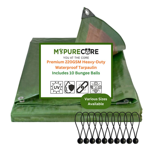 MYPURECORE Heavy Duty Waterproof Tarpaulin 220GSM Green/Brown Tarp with 10 Bungee Balls - Durable Weatherproof Tarp Sheet for Camping, Garden, Trailer, Tent & Outdoor Protection