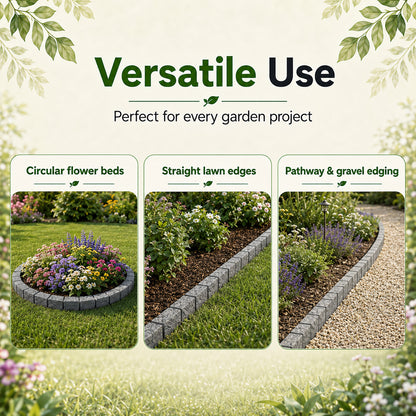 Lawn Edging Garden Border Stone Effect with Built-in Spikes, Flexible Interlocking Plastic Lawn & Flower Bed Edging for Paths, Patios, Borders & Landscaping
