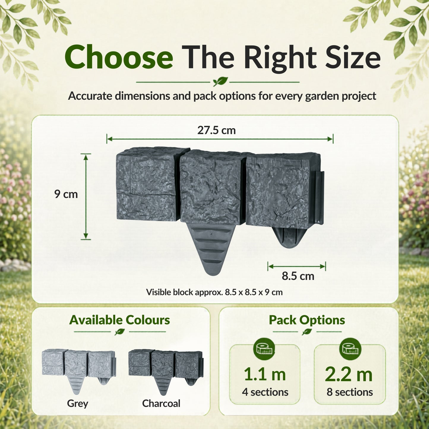 Lawn Edging Garden Border Stone Effect with Built-in Spikes, Flexible Interlocking Plastic Lawn & Flower Bed Edging for Paths, Patios, Borders & Landscaping