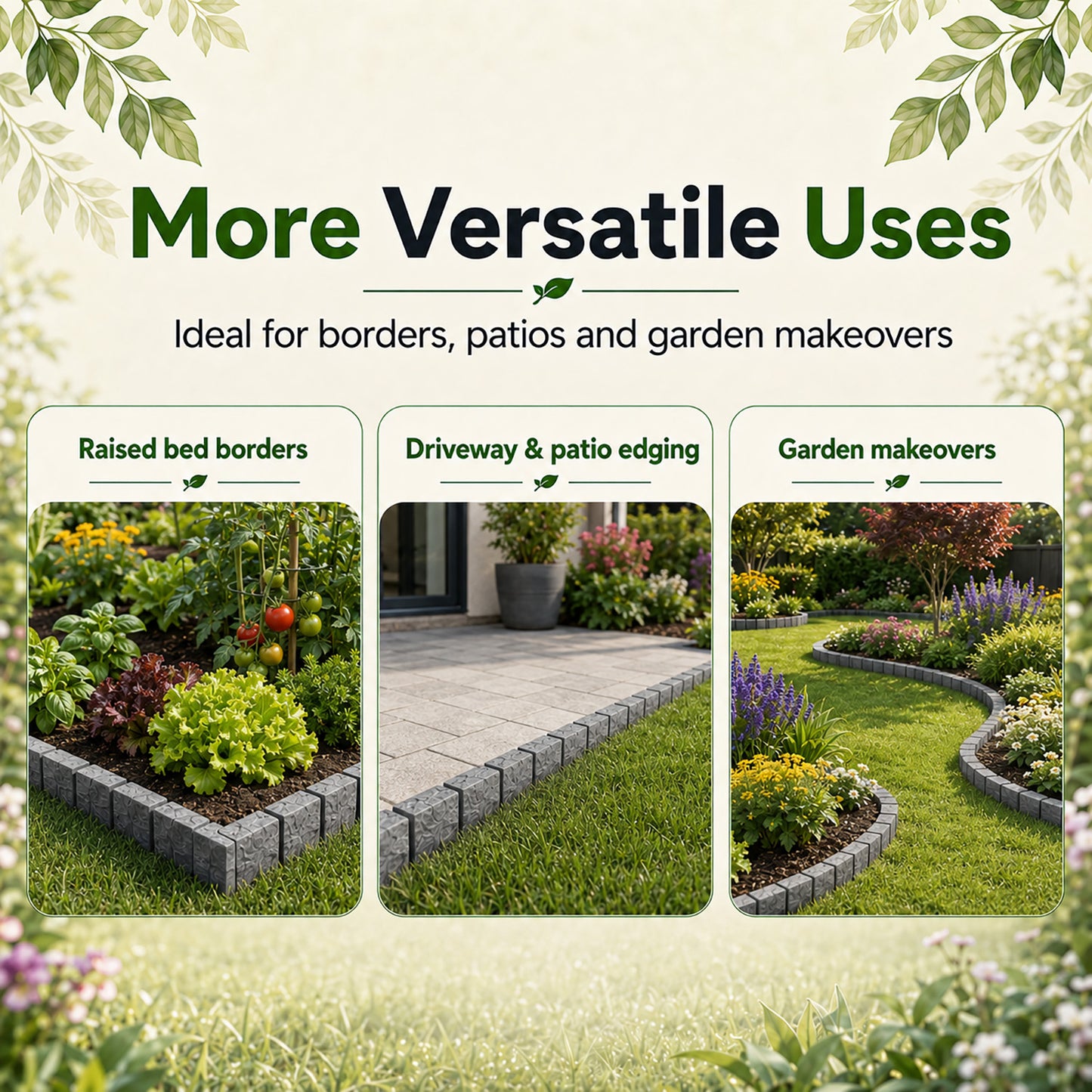 Lawn Edging Garden Border Stone Effect with Built-in Spikes, Flexible Interlocking Plastic Lawn & Flower Bed Edging for Paths, Patios, Borders & Landscaping