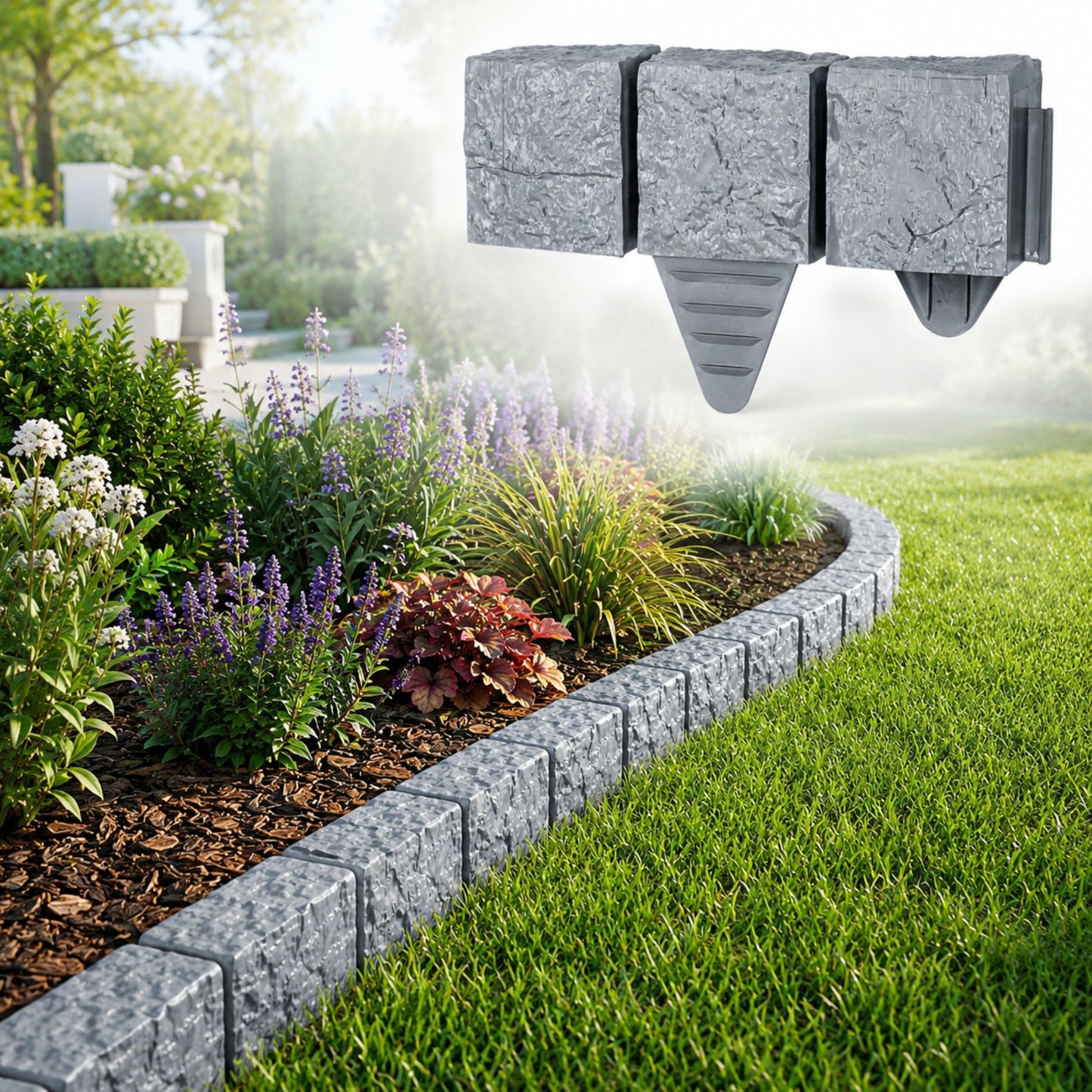 Lawn Edging Garden Border Stone Effect with Built-in Spikes, Flexible Interlocking Plastic Lawn & Flower Bed Edging for Paths, Patios, Borders & Landscaping