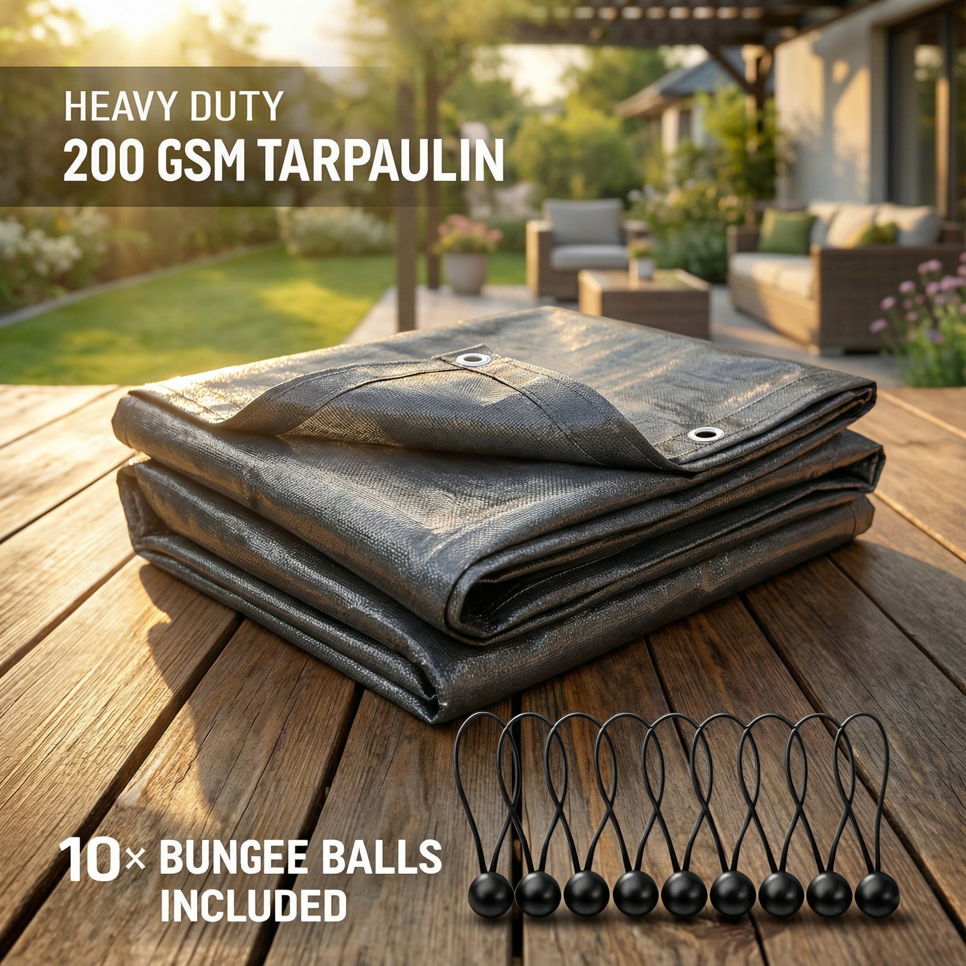 MYPURECORE Heavy Duty Waterproof Tarpaulin 200GSM Grey Tarp with 10 Bungee Balls - Durable Weatherproof Tarp Sheet for Camping, Garden, Trailer, Tent & Outdoor Protection