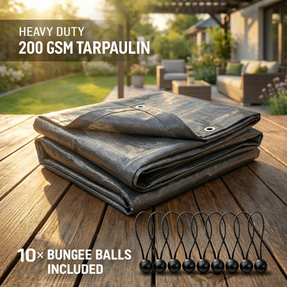 MYPURECORE Heavy Duty Waterproof Tarpaulin 200GSM Grey Tarp with 10 Bungee Balls - Durable Weatherproof Tarp Sheet for Camping, Garden, Trailer, Tent & Outdoor Protection