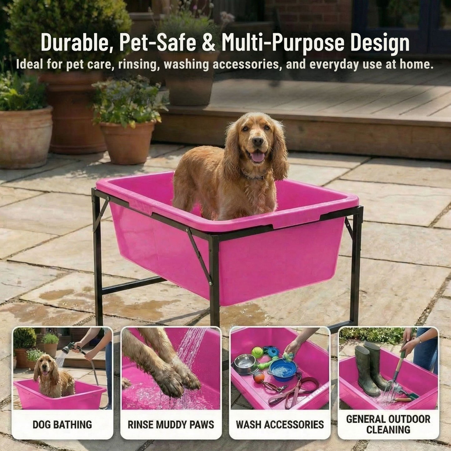 Dog Bath Tub 90L with Stand Raised Pet Bath Pool Foldable Metal Frame with Drain Plug Hose Connector Durable Dog Wash Tub for Indoor Outdoor Pet Care