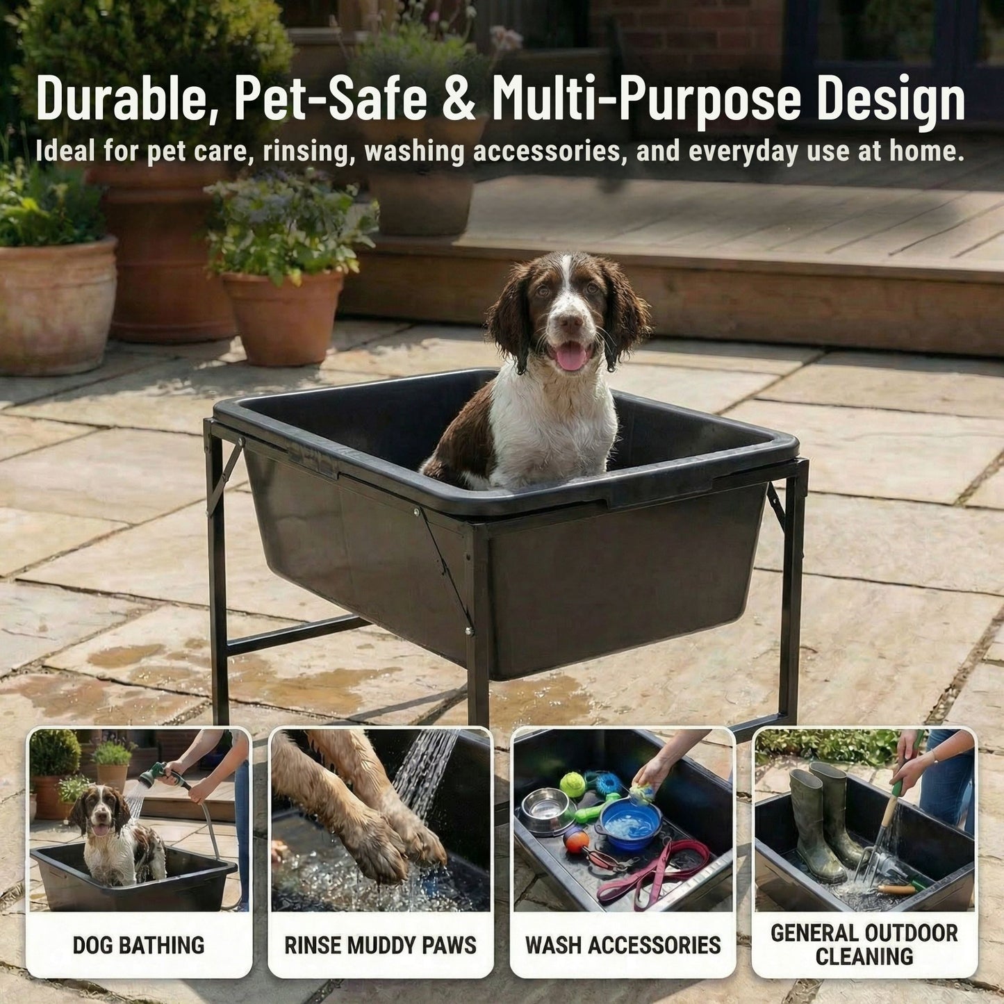 Dog Bath Tub 90L with Stand Raised Pet Bath Pool Foldable Metal Frame with Drain Plug Hose Connector Durable Dog Wash Tub for Indoor Outdoor Pet Care