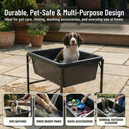 Dog Bath Tub 90L with Stand Raised Pet Bath Pool Foldable Metal Frame with Drain Plug Hose Connector Durable Dog Wash Tub for Indoor Outdoor Pet Care