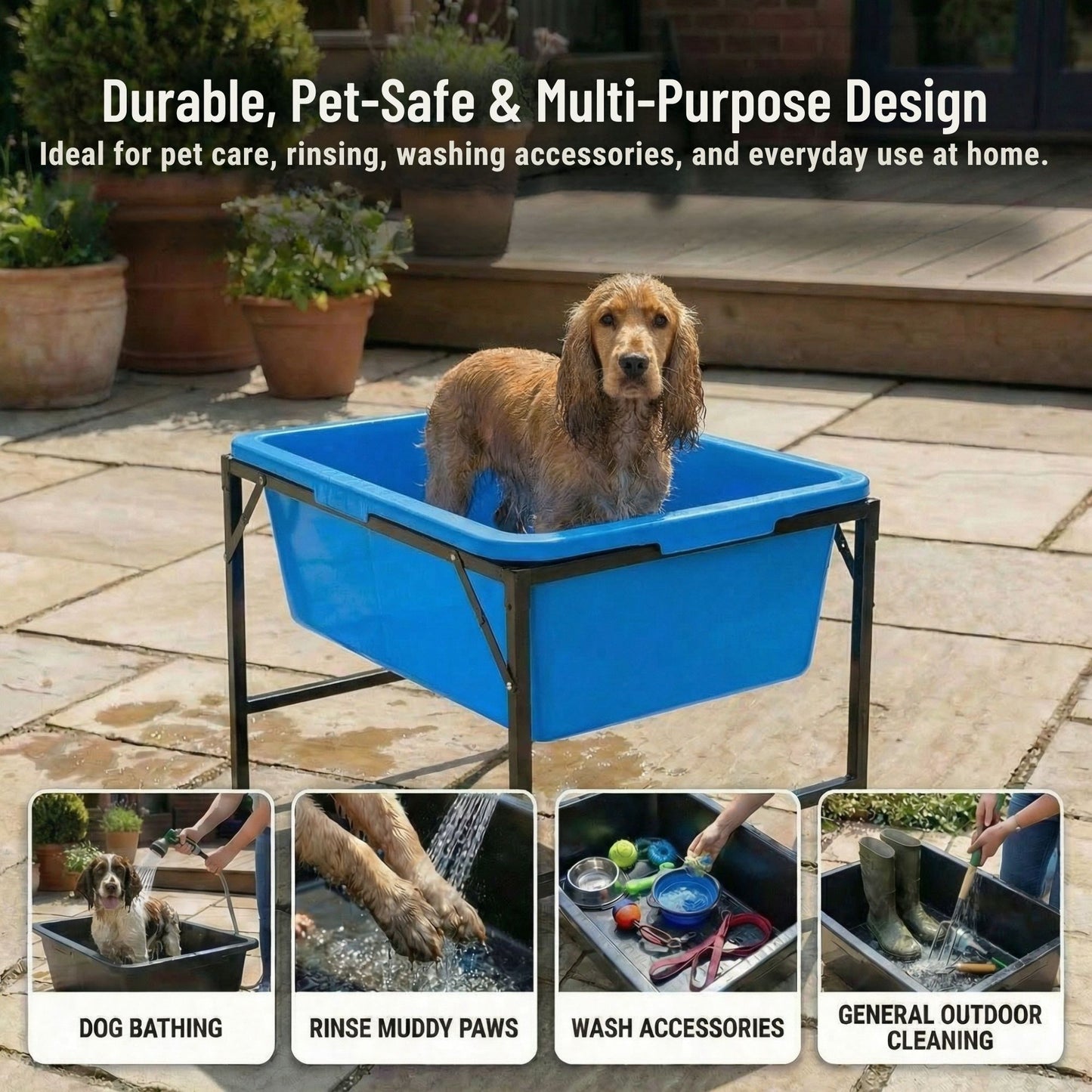 Dog Bath Tub 90L with Stand Raised Pet Bath Pool Foldable Metal Frame with Drain Plug Hose Connector Durable Dog Wash Tub for Indoor Outdoor Pet Care
