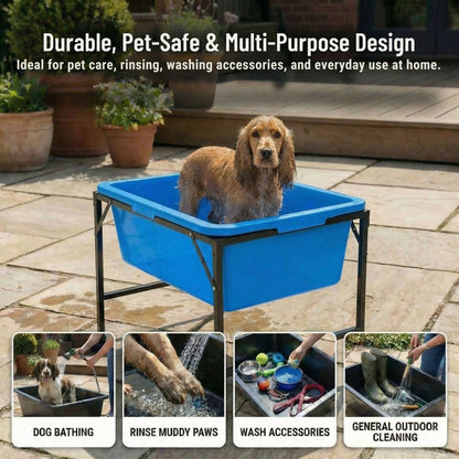 Dog Bath Tub 90L with Stand Raised Pet Bath Pool Foldable Metal Frame with Drain Plug Hose Connector Durable Dog Wash Tub for Indoor Outdoor Pet Care