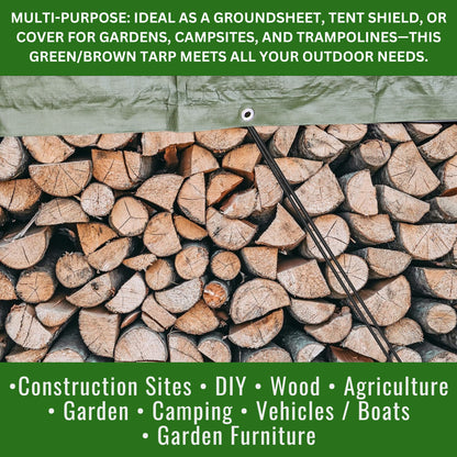 MYPURECORE Heavy Duty Waterproof Tarpaulin 220GSM Green/Brown Tarp with 10 Bungee Balls - Durable Weatherproof Tarp Sheet for Camping, Garden, Trailer, Tent & Outdoor Protection