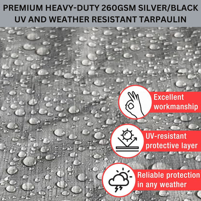 Premium Heavy-Duty Tarpaulin 260 GSM - Waterproof, UV & Frost-Resistant Cover - Silver/Black Sheet with Reinforcement Edge