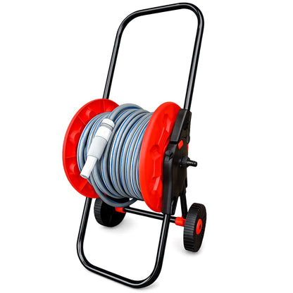 Hose Reel Cart with 30m Blue/Gray Garden Hose Pipe Watering Kit – Portable Wheeled Hose Trolley with Spray Nozzle, Connectors & Outdoor Irrigation Set