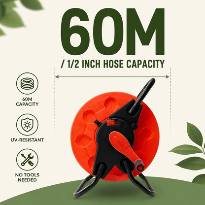 Garden Hose Reel Cart 60m with Crank Handle & Hose Connectors | Heavy Duty Steel Frame | Holds 1/2" Hose | Easy Tool-Free Assembly