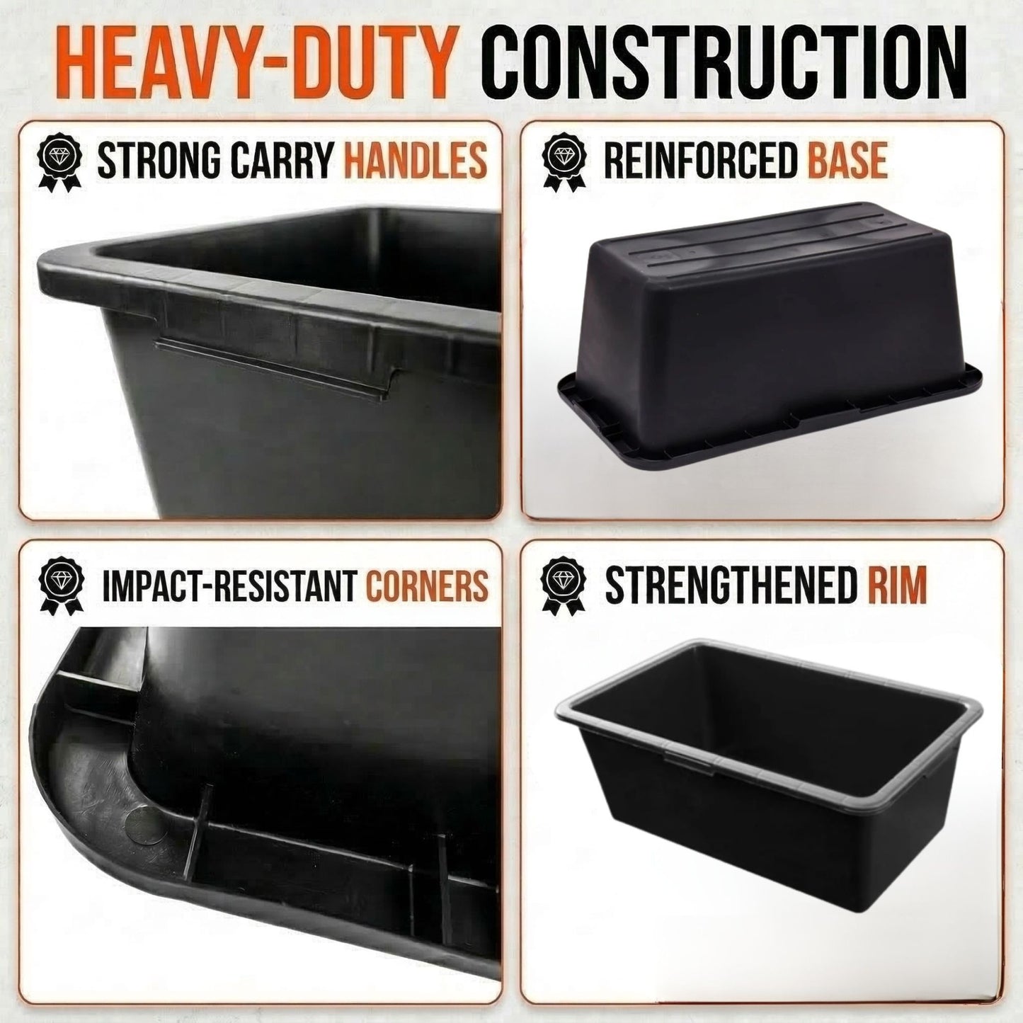 Black Mixing Tub Heavy Duty Rectangular Plastic Utility Container for Mortar Plaster Gardening Storage DIY Use Durable Multi Purpose Tray for Builders Home Garden Workshop