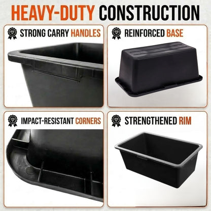 Black Mixing Tub Heavy Duty Rectangular Plastic Utility Container for Mortar Plaster Gardening Storage DIY Use Durable Multi Purpose Tray for Builders Home Garden Workshop