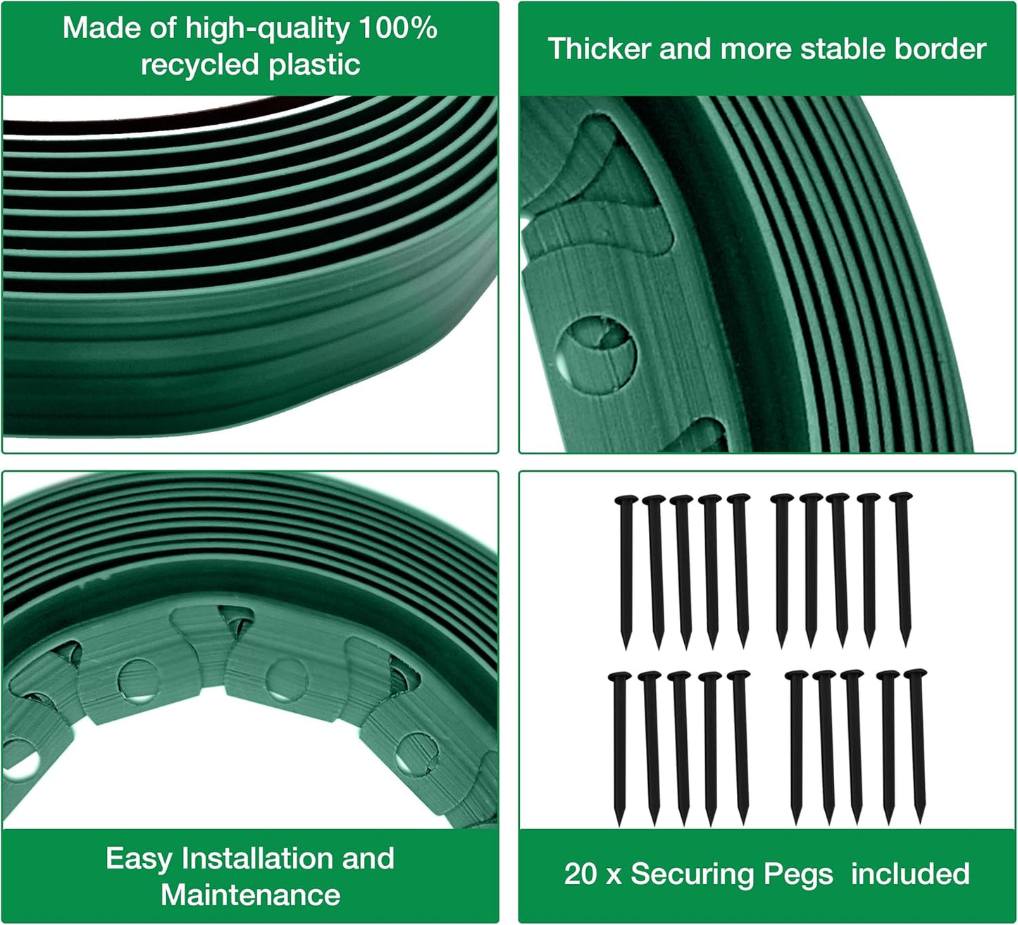 10m of Flexible Green Garden Edging Border - Complete with 20 Securing Pegs for Perfect Flower Beds, Lawns, and Pavement Design (60mm High)