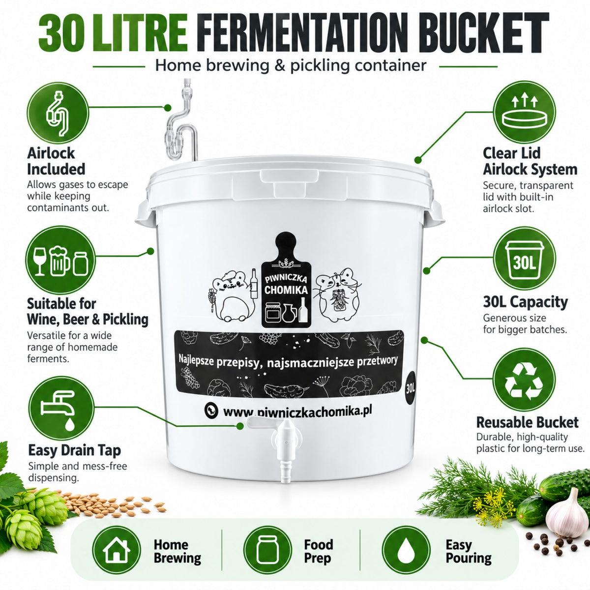 Fermentation Bucket 30L with Tap Airlock & Measuring Scale Home Brew Beer Wine Brewing Container