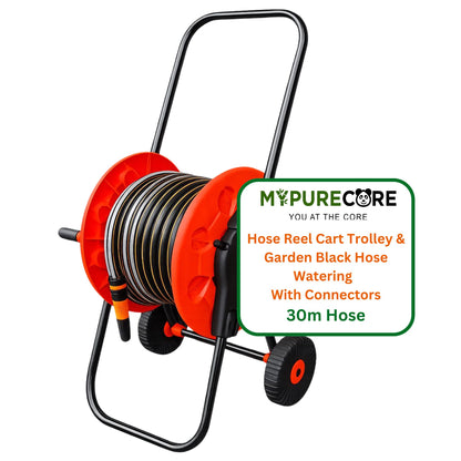 Garden Hose Reel Cart with 30m Black 4-Layer Hose, Wheeled Watering Trolley, Spray Nozzle & Hose Connectors, Portable Garden Hose Storage Cart