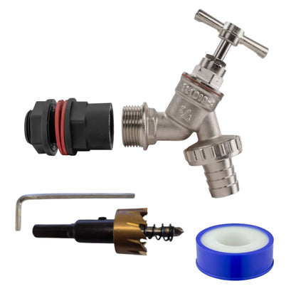 Garden Water Butt Tap Kit with Drill Bit – Rain Barrel Adapter 3/4" BSP Hose Connector with Tap Options, Washers & PTFE Tape for Water Tank, IBC & Garden Irrigation Systems