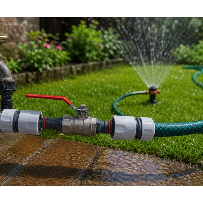 Garden Hose Inline Metal Tap Valve 1/2" with 2 Connectors & PTFE Tape | Water Shut Off Ball Valve for Irrigation, Sprinklers & Hosepipes