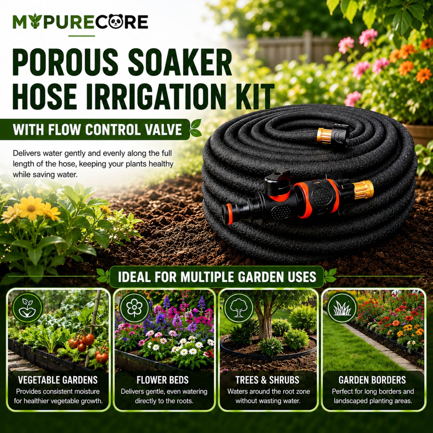 Porous Soaker Hose Irrigation Kit with Flow Control Valve | Flexible Garden Watering Hose Root Irrigation System | 7.5m - 30m