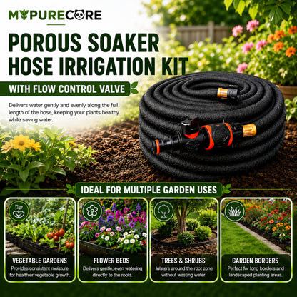 Porous Soaker Hose Irrigation Kit with Flow Control Valve | Flexible Garden Watering Hose Root Irrigation System | 7.5m - 30m
