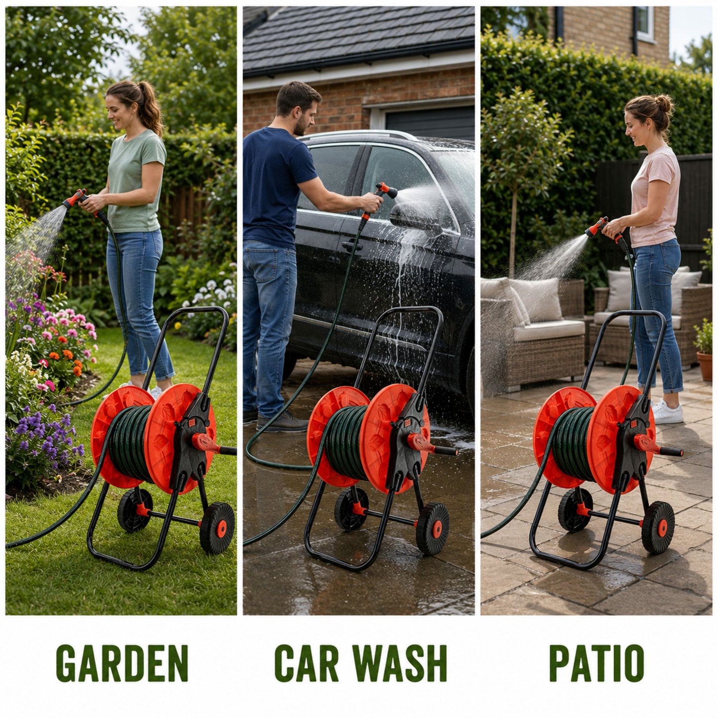 60m Garden Hose Reel Cart with Wheels - UV-Resistant, Easy-Wind Crank - Black/Orange