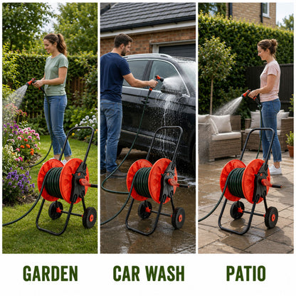 60m Garden Hose Reel Cart with Wheels - UV-Resistant, Easy-Wind Crank - Black/Orange