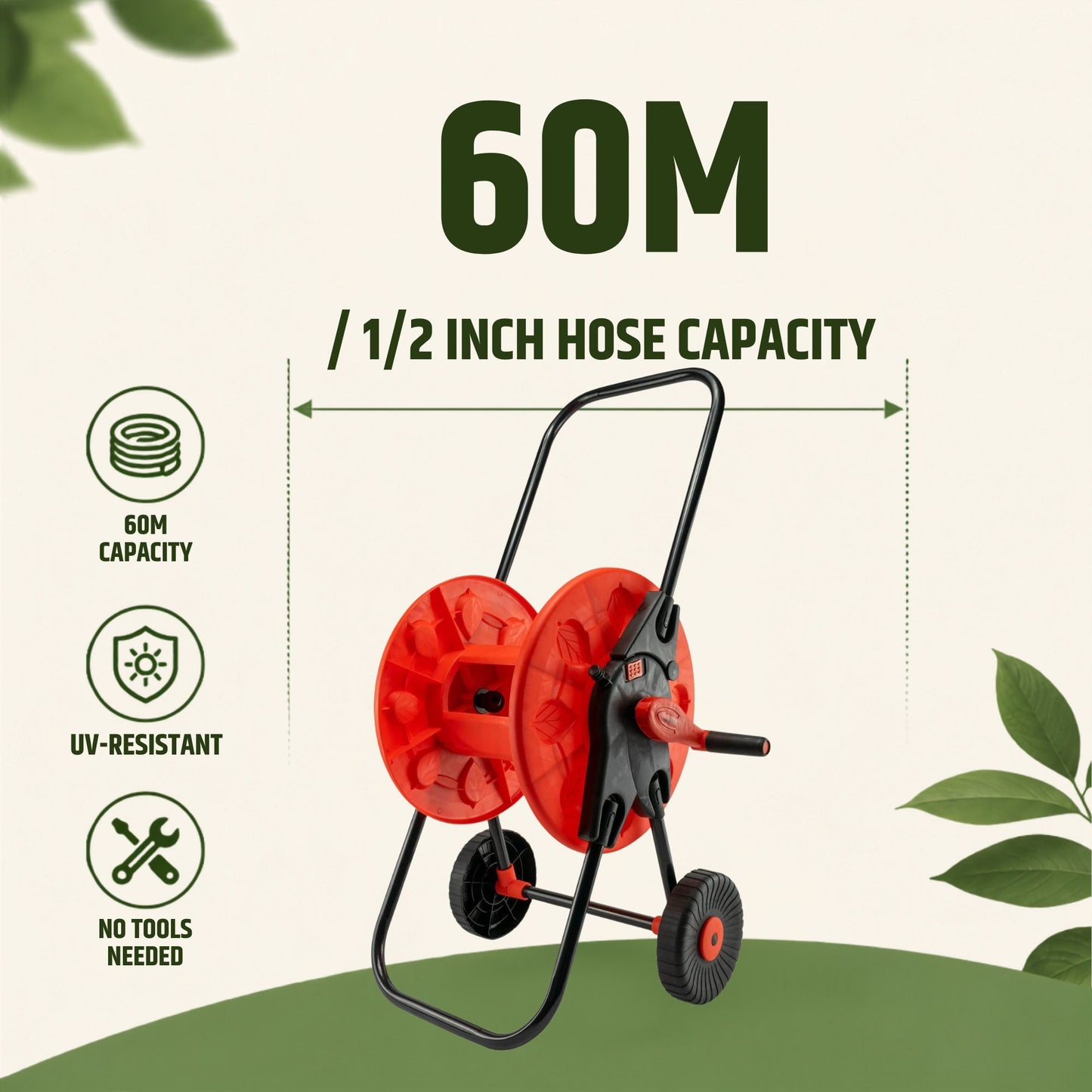 60m Garden Hose Reel Cart with Wheels - UV-Resistant, Easy-Wind Crank - Black/Orange