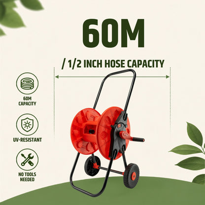 60m Garden Hose Reel Cart with Wheels - UV-Resistant, Easy-Wind Crank - Black/Orange