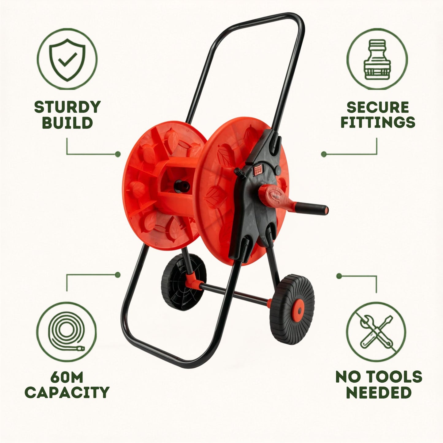 60m Garden Hose Reel Cart with Wheels - UV-Resistant, Easy-Wind Crank - Black/Orange