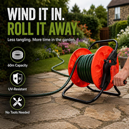 Garden Hose Reel Cart 60m with Crank Handle & Hose Connectors | Heavy Duty Steel Frame | Holds 1/2" Hose | Easy Tool-Free Assembly