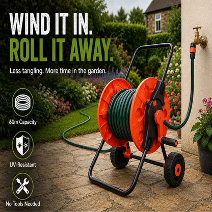 60m Garden Hose Reel Cart with Wheels - UV-Resistant, Easy-Wind Crank - Black/Orange