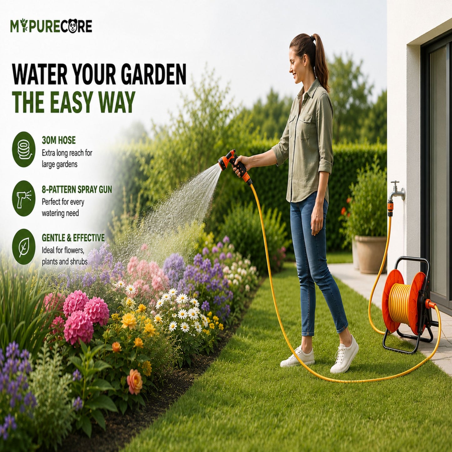 Hose Reel Cart and 30m Garden Hose Complete Watering Kit with 8-Pattern Spray Gun, 6-Layer Reinforced Hose, Tap Connector & Quick Hose Connectors