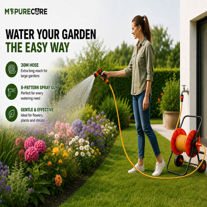 Garden Hose Reel Cart with Wheels and 30m Reinforced Hose, 8 Pattern Spray Gun & Quick Connectors | Complete Garden Watering Kit | 60m Capacity