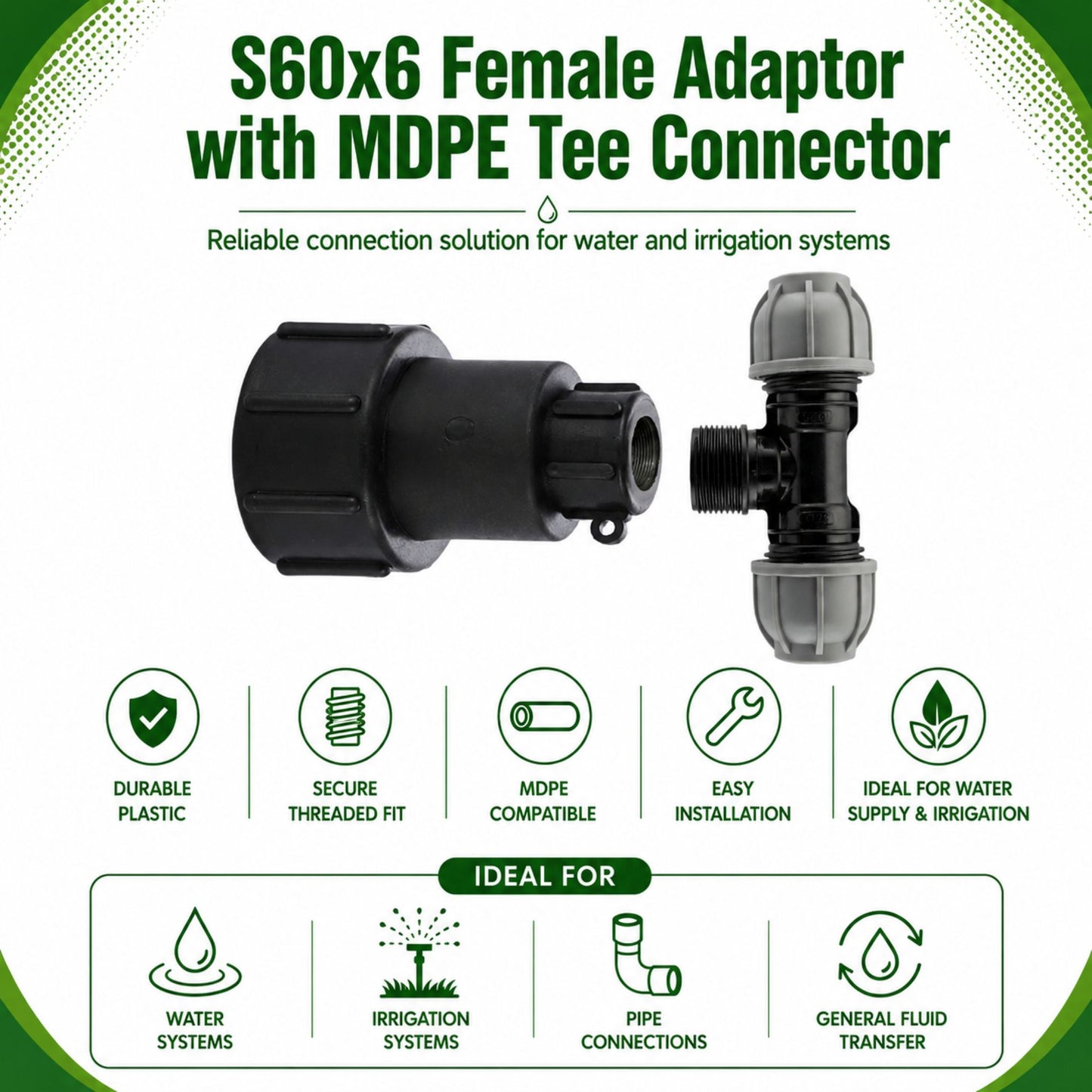 IBC Adapter S60x6 BSP MDPE Fittings 3/4" Extended Adaptor - Tee, Straight, Elbow 25mm & 32mm