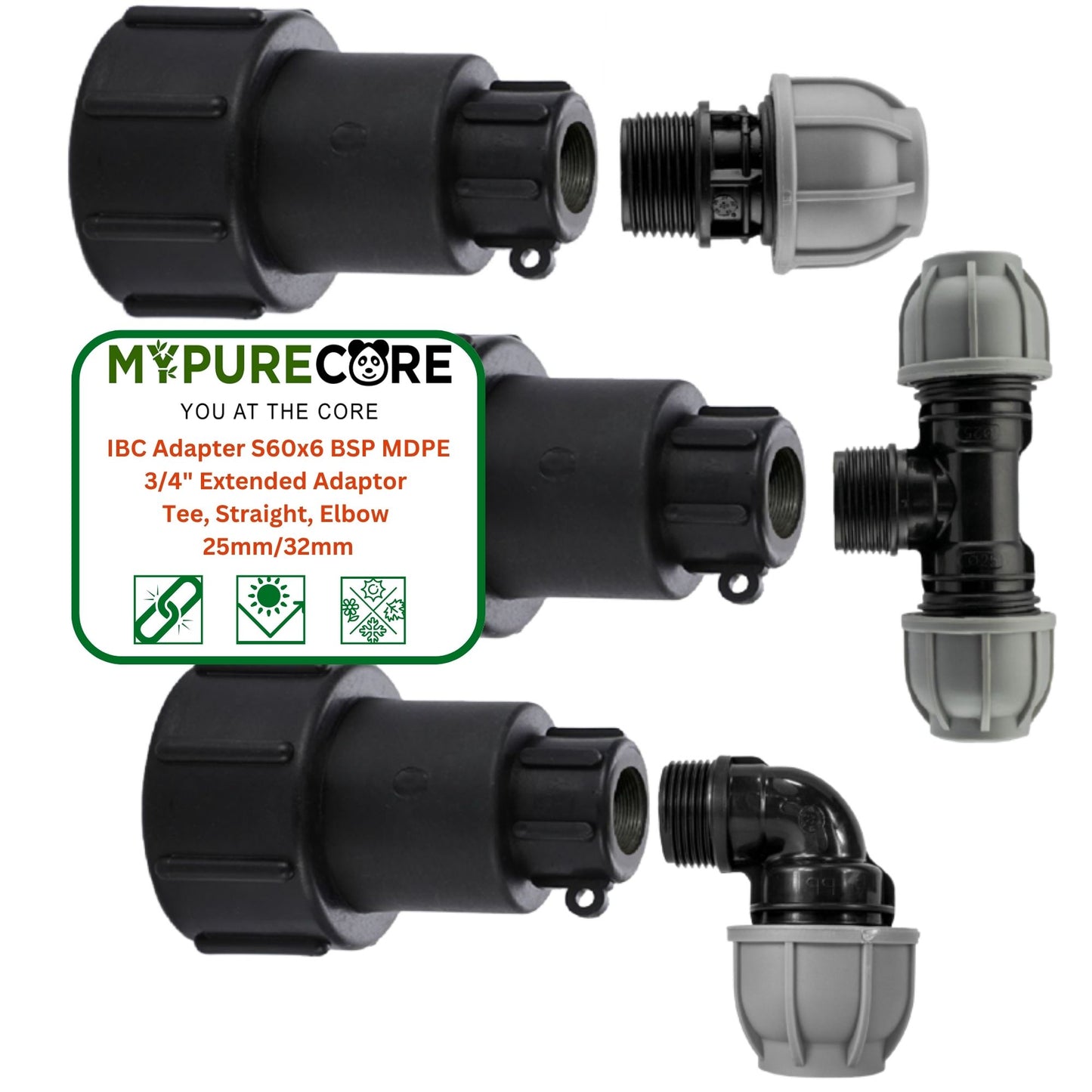 IBC Adapter S60x6 BSP MDPE Fittings 3/4" Extended Adaptor - Tee, Straight, Elbow 25mm & 32mm