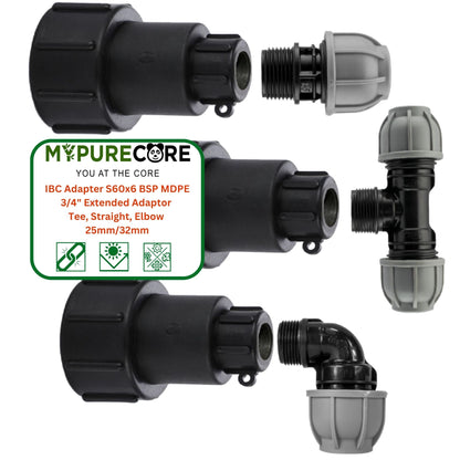 IBC Adapter S60x6 BSP MDPE Fittings 3/4" Extended Adaptor - Tee, Straight, Elbow 25mm & 32mm